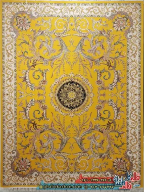 فرش 1200 شانه طرح قصر حریر بازیار رنگ زرد طلایی کاشان