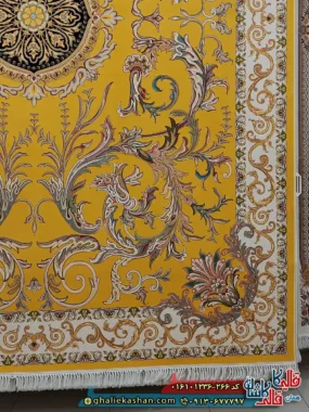 فرش 1200 شانه طرح قصر حریر بازیار رنگ زرد طلایی کاشان حاشیه