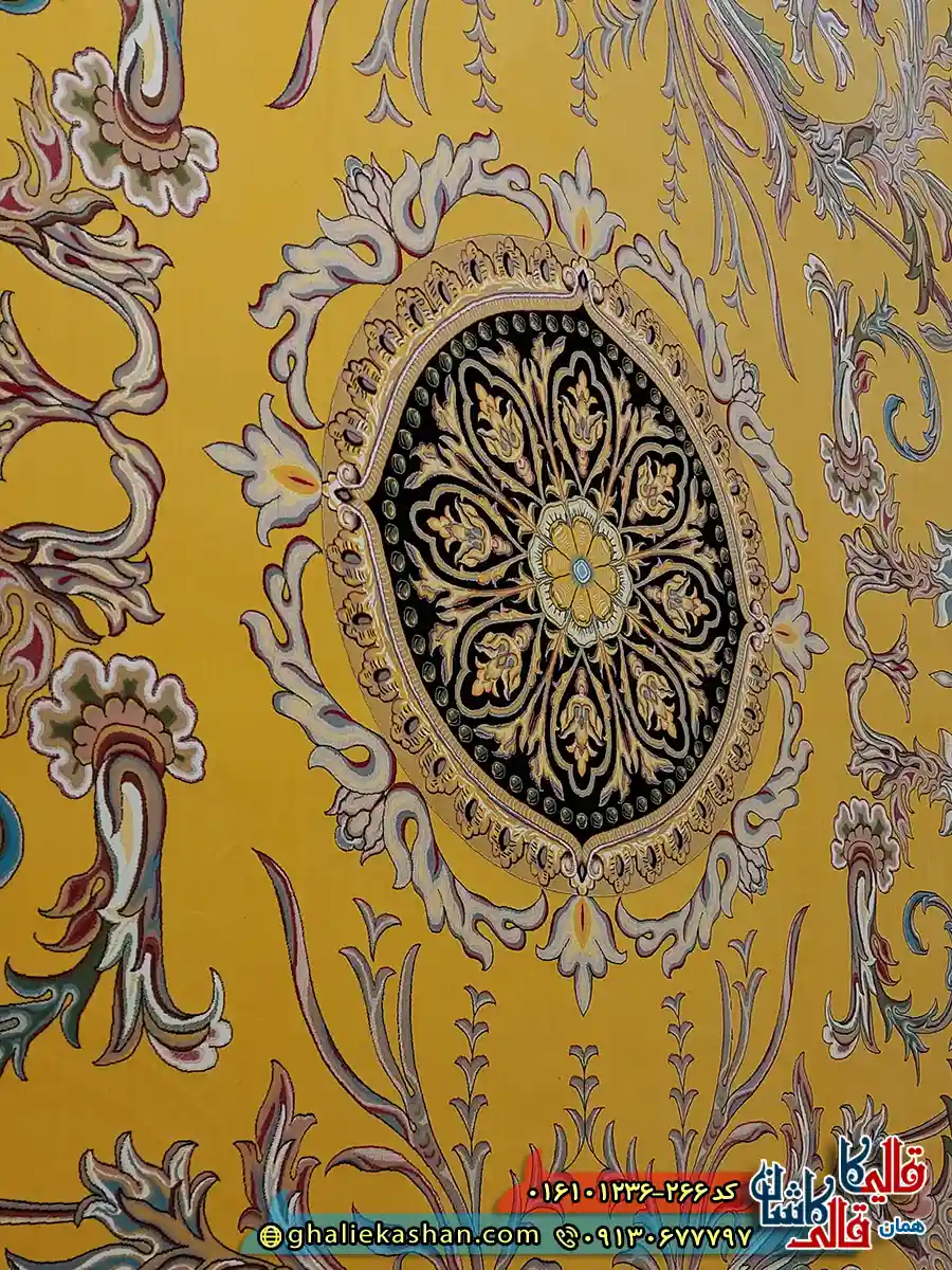 فرش 1200 شانه طرح قصر حریر بازیار رنگ زرد طلایی کاشان زمینه