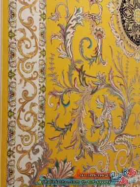 فرش 1200 شانه طرح قصر حریر بازیار رنگ زرد طلایی کاشان نزدیک 2