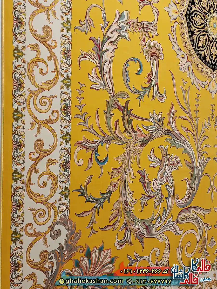 فرش 1200 شانه طرح قصر حریر بازیار رنگ زرد طلایی کاشان نزدیک 2