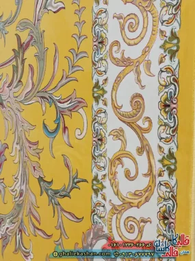 فرش 1200 شانه طرح قصر حریر بازیار رنگ زرد طلایی کاشان نزدیک