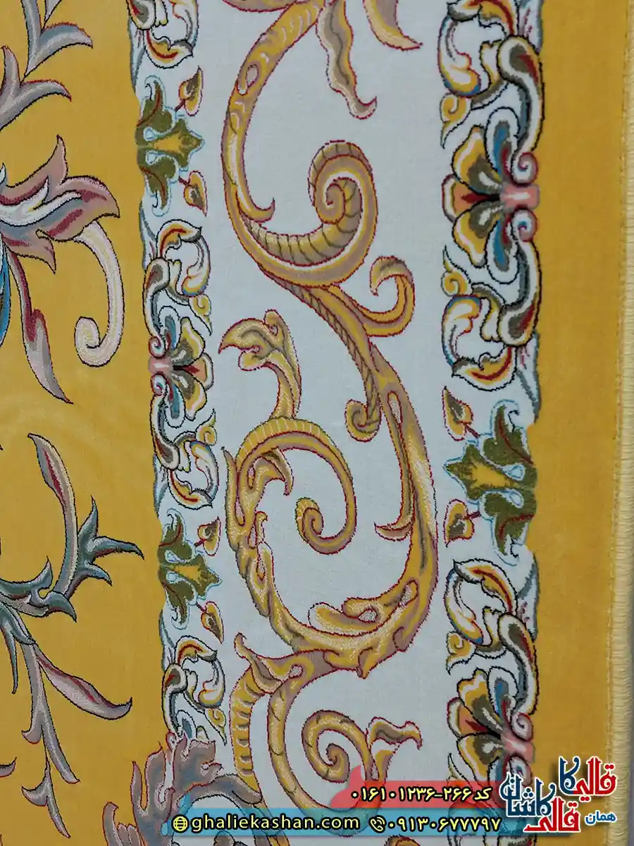 فرش 1200 شانه طرح قصر حریر بازیار رنگ زرد طلایی کاشان نزدیک 3