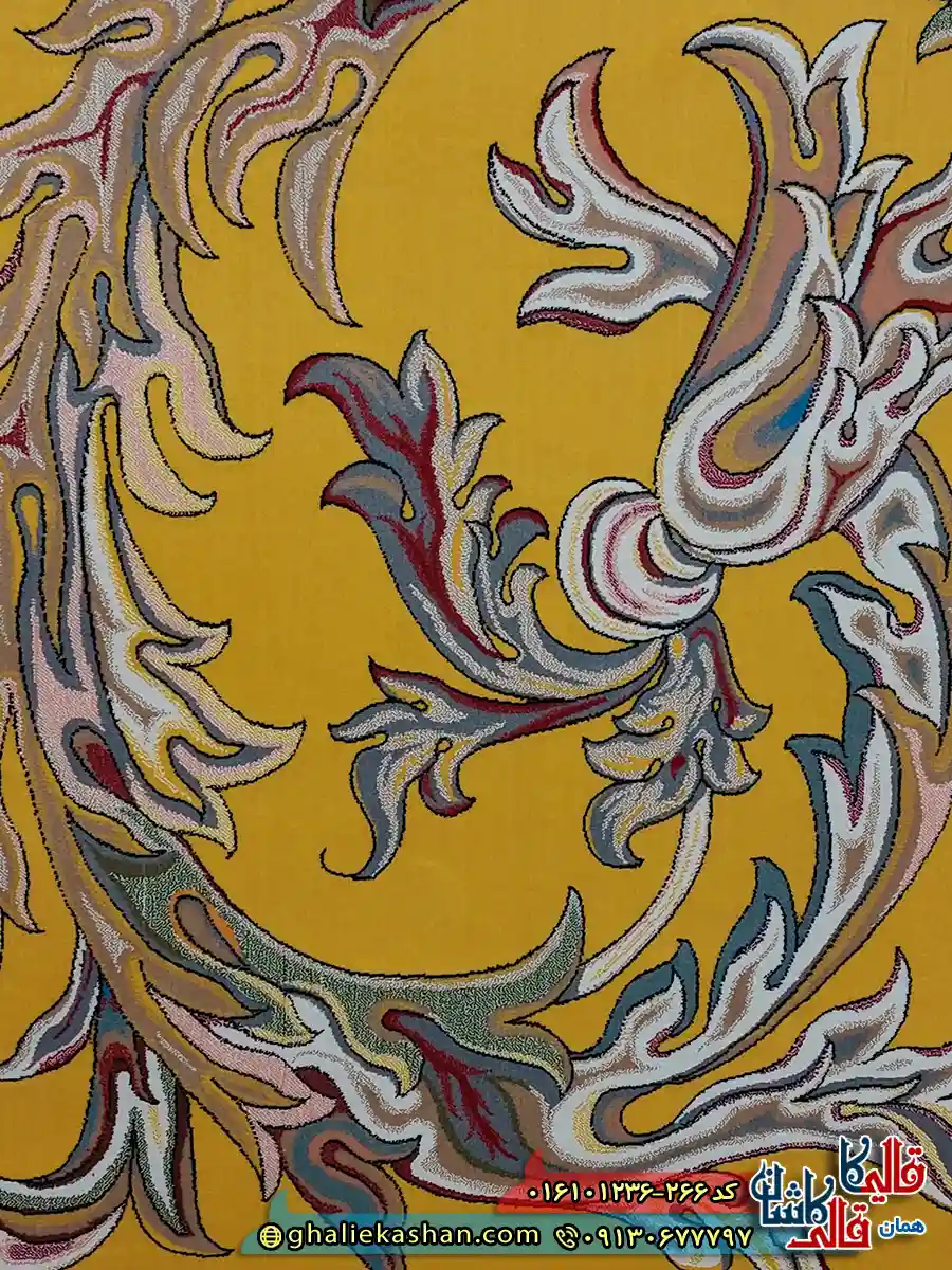 فرش 1200 شانه طرح قصر حریر بازیار رنگ زرد طلایی کاشان نزدیک 4