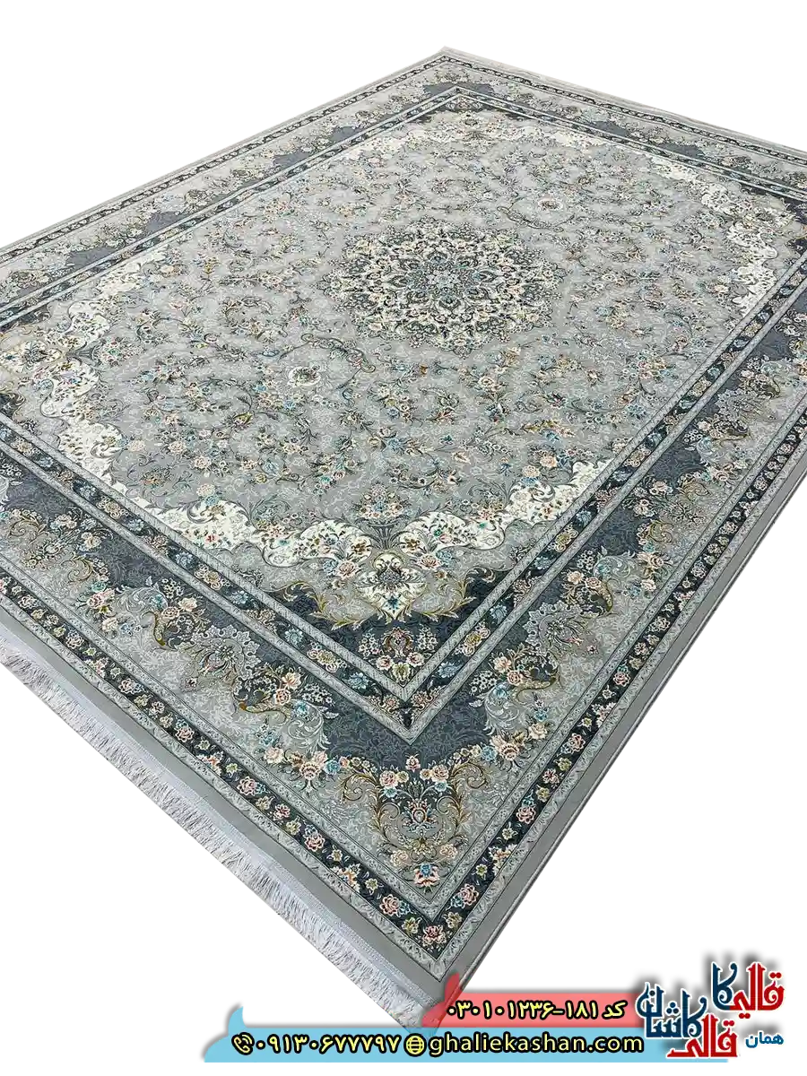 فرش ‌1200 ‌شانه ‌طرح ‌مهگل ‌رنگ ‌طوسی ‌سیلور ‌کاشان ‌اصلی