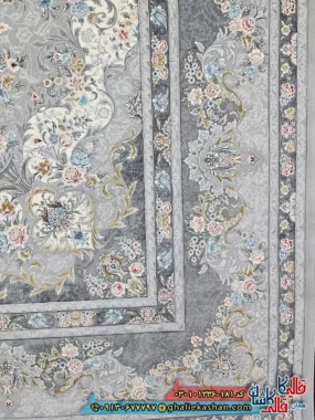 فرش ‌1200 ‌شانه ‌طرح ‌مهگل ‌رنگ ‌طوسی ‌سیلور ‌کاشان ‌حاشیه