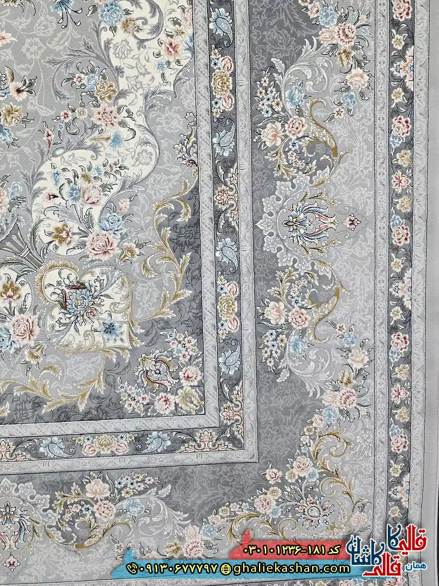 فرش ‌1200 ‌شانه ‌طرح ‌مهگل ‌رنگ ‌طوسی ‌سیلور ‌کاشان ‌حاشیه