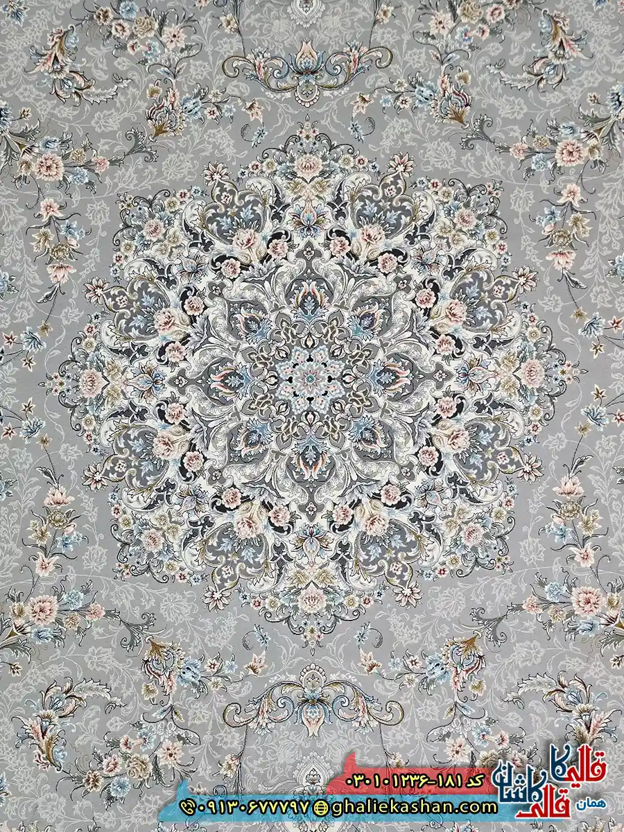 فرش ‌1200 ‌شانه ‌طرح ‌مهگل ‌رنگ ‌طوسی ‌سیلور ‌کاشان ‌زمینه