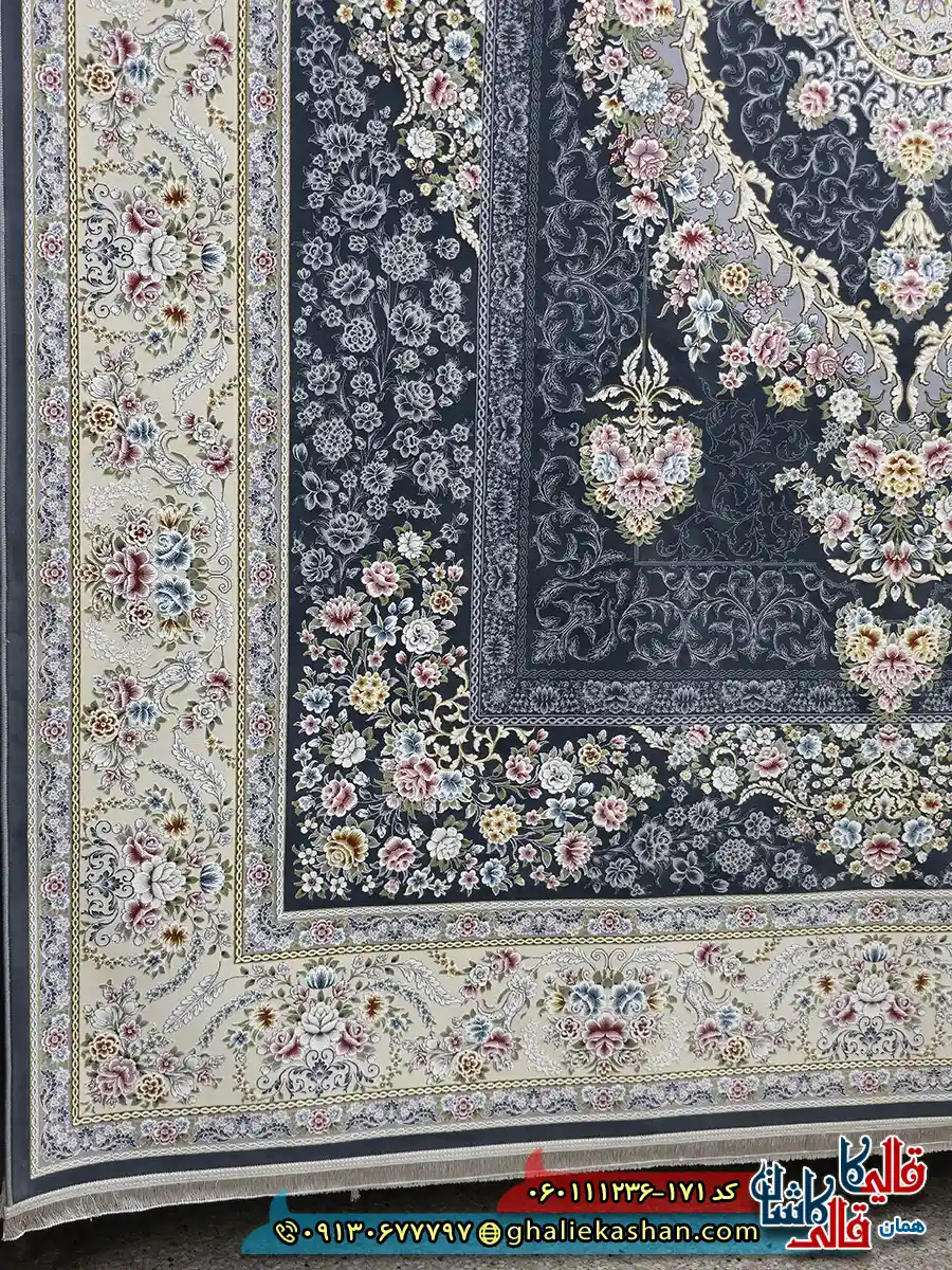 فرش 1200 شانه طرح نیکا رنگ طوسی دودی گل برجسته کاشان حاشیه