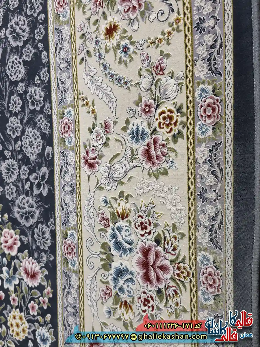 فرش 1200 شانه طرح نیکا رنگ طوسی دودی گل برجسته کاشان نزدیک
