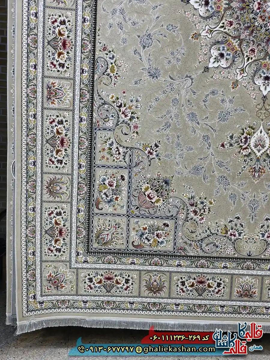 فرش 1200 شانه طرح وانیار رنگ بژ گل برجسته کاشان حاشیه