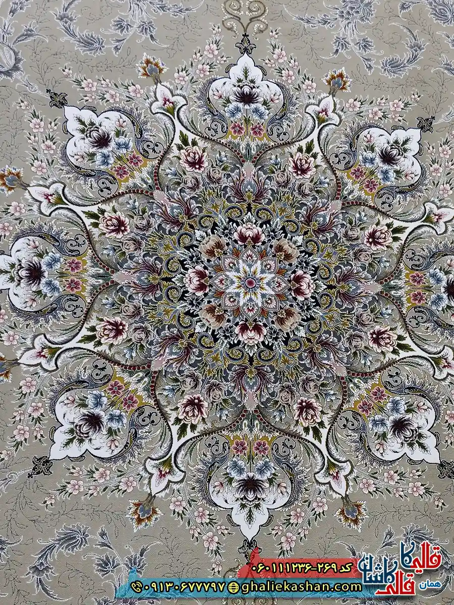 فرش 1200 شانه طرح وانیار رنگ بژ گل برجسته کاشان زمینه