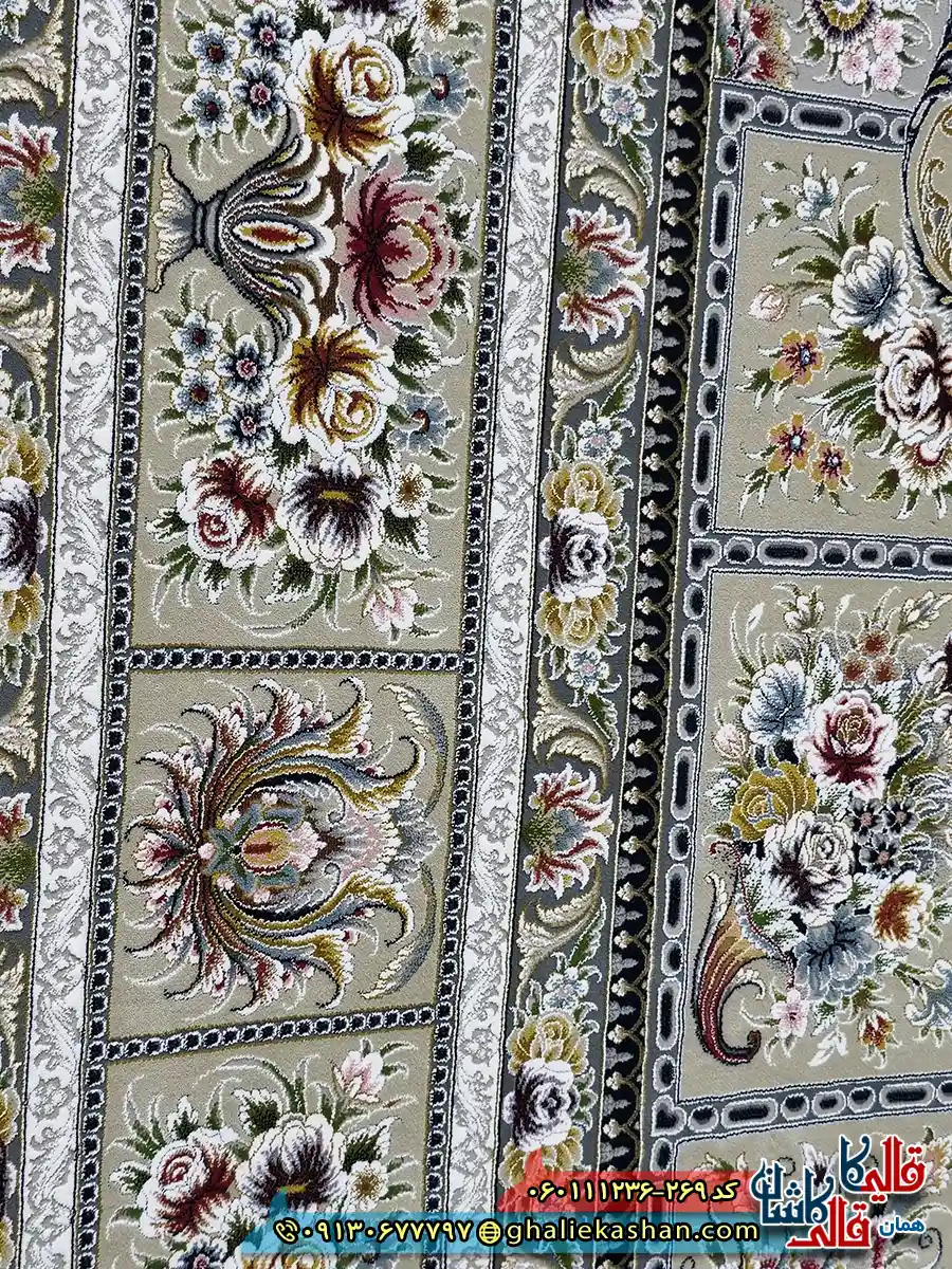فرش 1200 شانه طرح وانیار رنگ بژ گل برجسته کاشان نزدیک