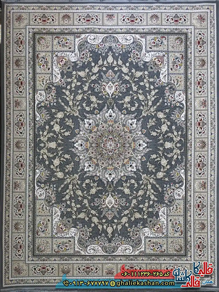 فرش 1200 شانه طرح وانیار رنگ طوسی دودی گل برجسته کاشان اصلی فرش 1200 شانه طرح وانیار رنگ طوسی دودی گل برجسته کاشان اصلی