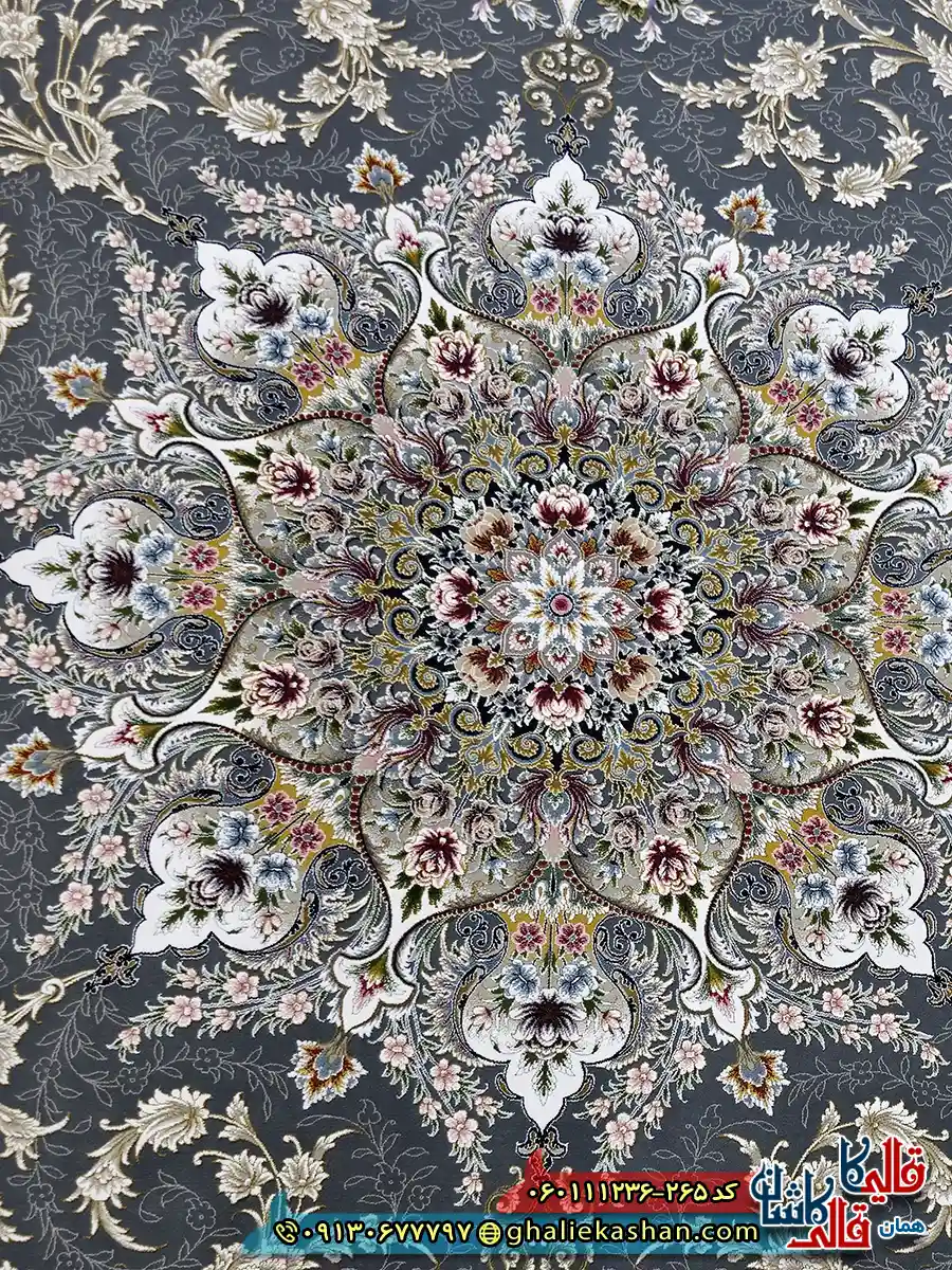 فرش 1200 شانه طرح وانیار رنگ طوسی دودی گل برجسته کاشان زمینه