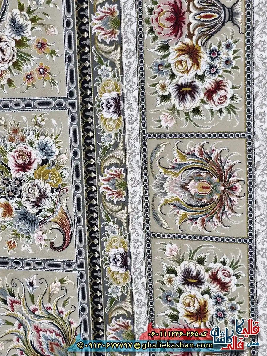 فرش 1200 شانه طرح وانیار رنگ طوسی دودی گل برجسته کاشان نزدیک