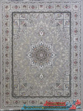 فرش 1200 شانه طرح وانیار رنگ طوسی نقره ای گل برجسته کاشان