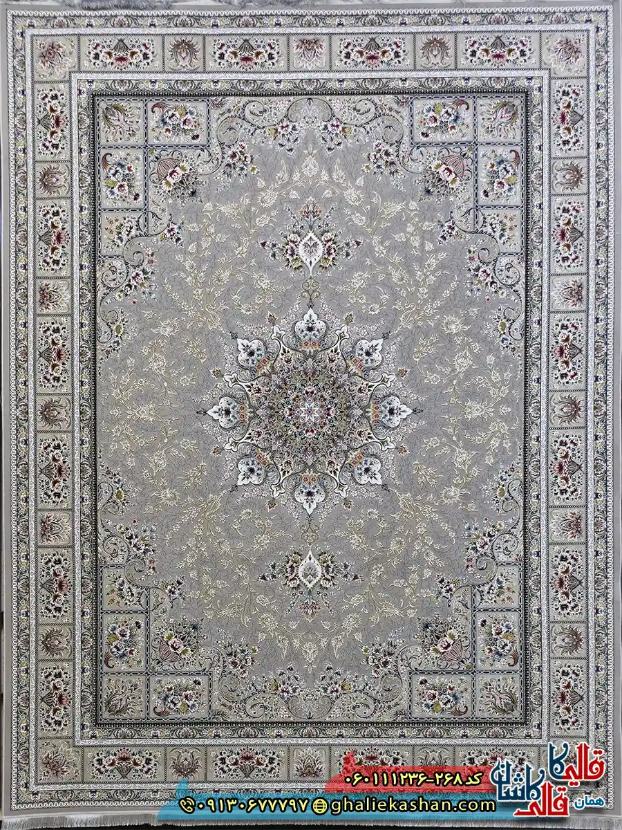 فرش 1200 شانه طرح وانیار رنگ طوسی نقره ای گل برجسته کاشان اصلی فرش 1200 شانه طرح وانیار رنگ طوسی نقره ای گل برجسته کاشان اصلی