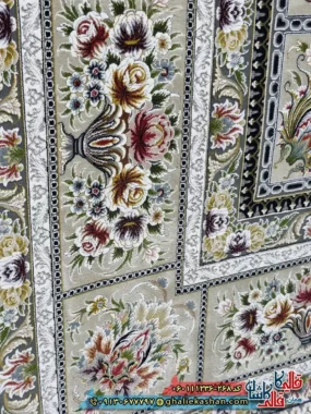 فرش 1200 شانه طرح وانیار رنگ طوسی نقره ای گل برجسته کاشان نزدیک