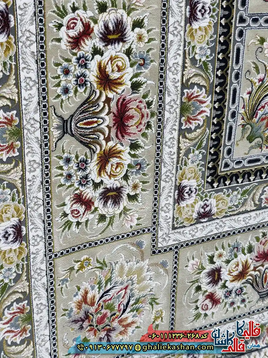 فرش 1200 شانه طرح وانیار رنگ طوسی نقره ای گل برجسته کاشان نزدیک