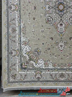 فرش 1200 شانه طرح ویلیام رنگ بژ گل برجسته کاشان حاشیه
