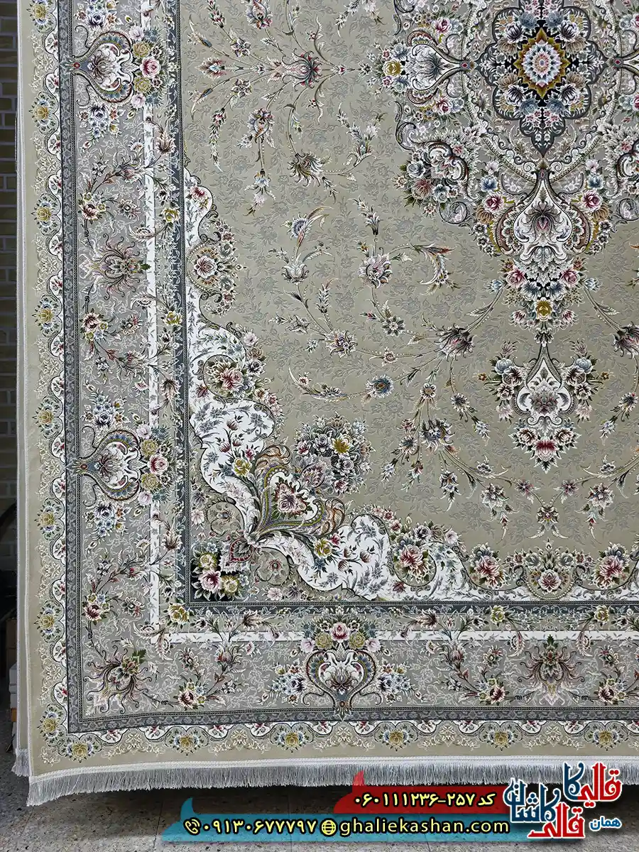 فرش 1200 شانه طرح ویلیام رنگ بژ گل برجسته کاشان حاشیه