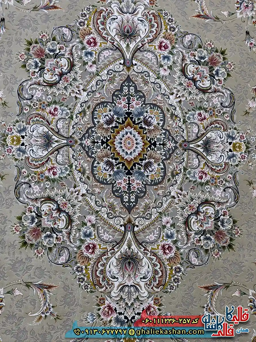 فرش 1200 شانه طرح ویلیام رنگ بژ گل برجسته کاشان زمینه