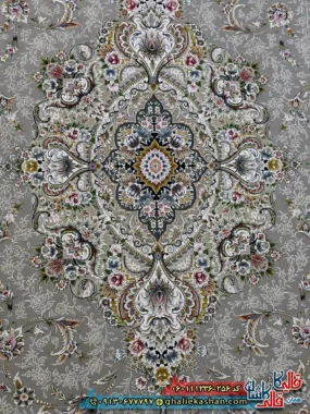 فرش 1200 شانه طرح ویلیام رنگ طوسی نقره ای گل برجسته کاشان زمینه