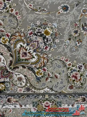 فرش 1200 شانه طرح ویلیام رنگ طوسی نقره ای گل برجسته کاشان نزدیک 2