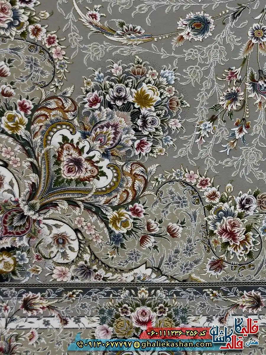 فرش 1200 شانه طرح ویلیام رنگ طوسی نقره ای گل برجسته کاشان نزدیک 2