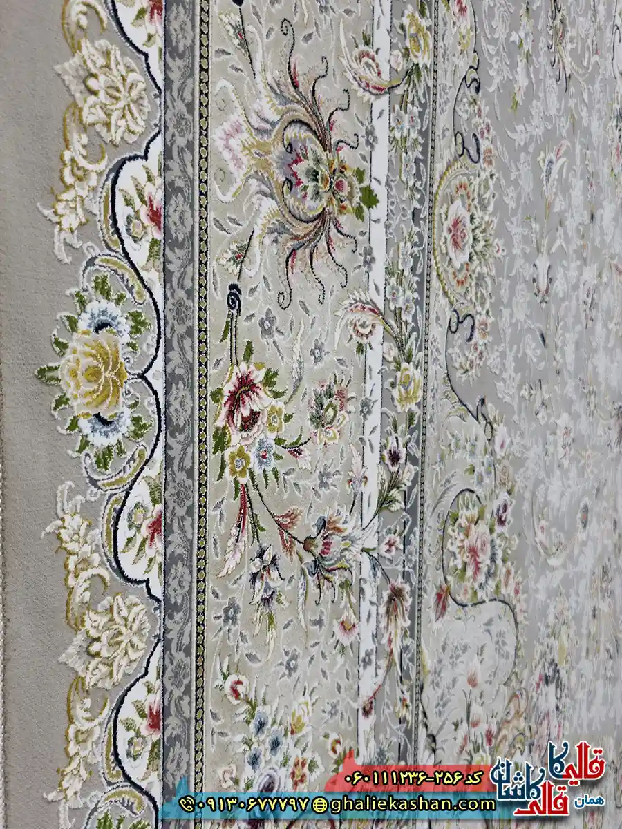 فرش 1200 شانه طرح ویلیام رنگ طوسی نقره ای گل برجسته کاشان نزدیک