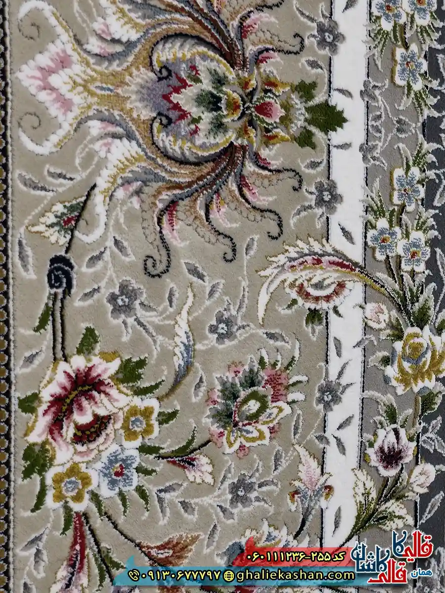 فرش 1200 شانه طرح ویلیام رنگ کرم گل برجسته کاشان نزدیک 2