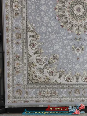 فرش 1200 شانه طرح پاشا رنگ طوسی کاشان حاشیه