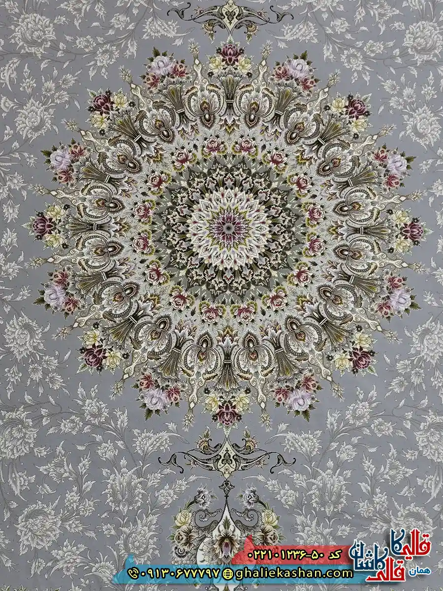 فرش 1200 شانه طرح پاشا رنگ طوسی کاشان زمینه