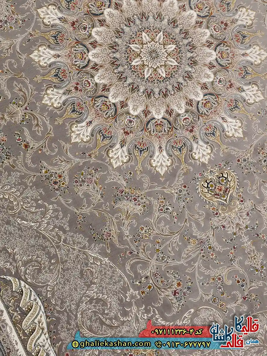 فرش 1200 شانه طرح پرنسس رنگ طوسی نقره ای گل برجسته کاشان نزدیک 2