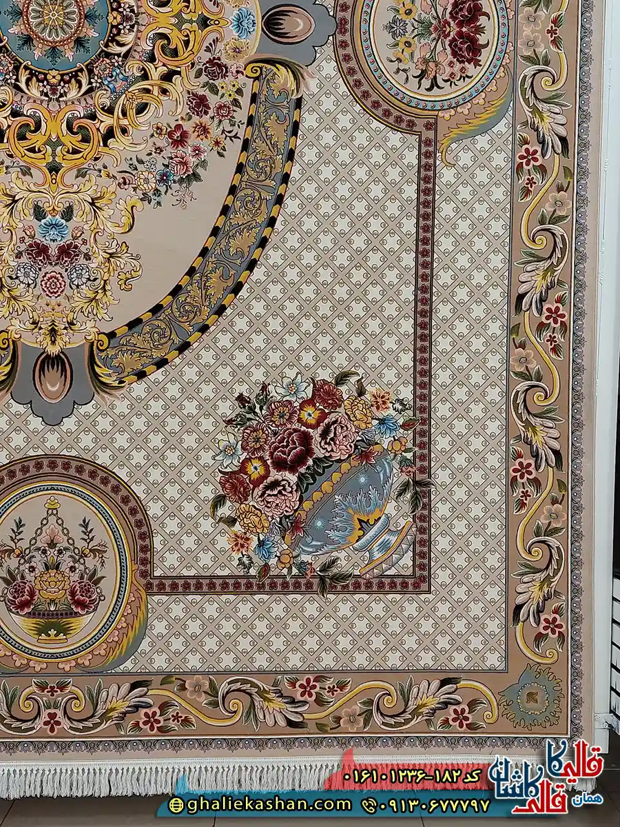فرش 1200 شانه طرح گلایول رنگ بژ کاشان حاشیه