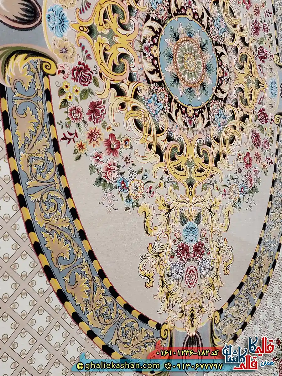 فرش 1200 شانه طرح گلایول رنگ بژ کاشان زمینه