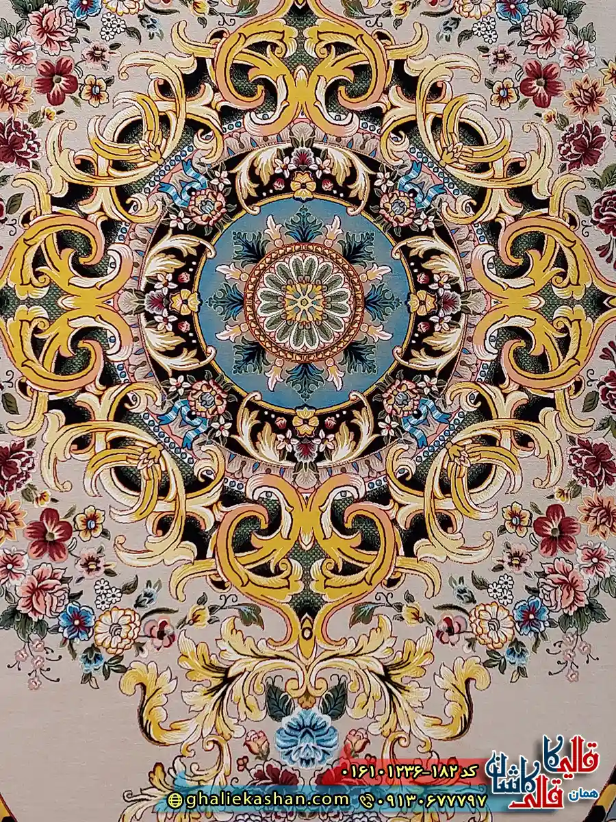 فرش 1200 شانه طرح گلایول رنگ بژ کاشان نزدیک