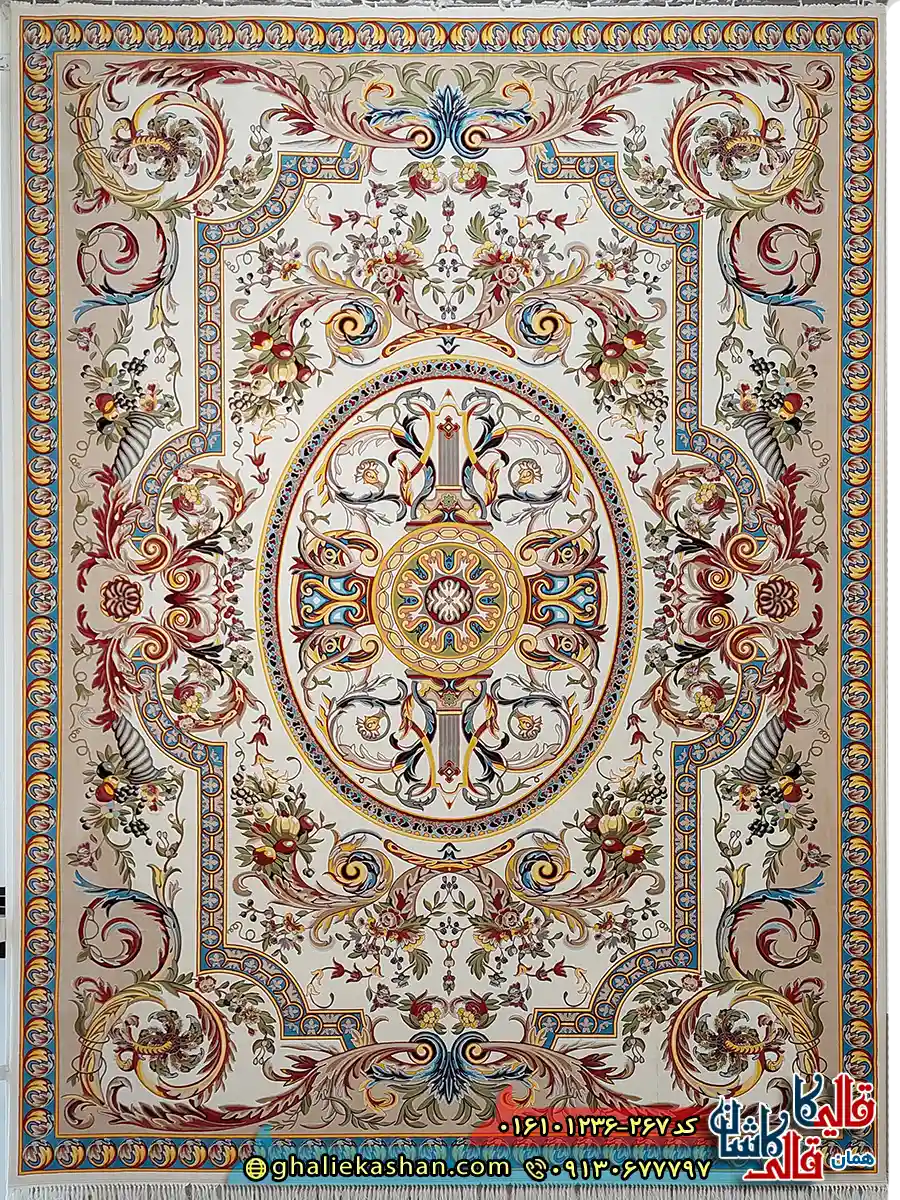 فرش 1200 شانه طرح یاقوت رنگ کرم بژ کاشان اصلی