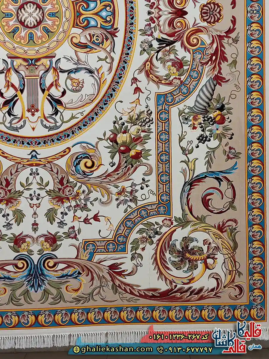 فرش 1200 شانه طرح یاقوت رنگ کرم بژ کاشان حاشیه