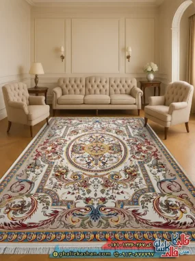 فرش 1200 شانه طرح یاقوت رنگ کرم بژ کاشان