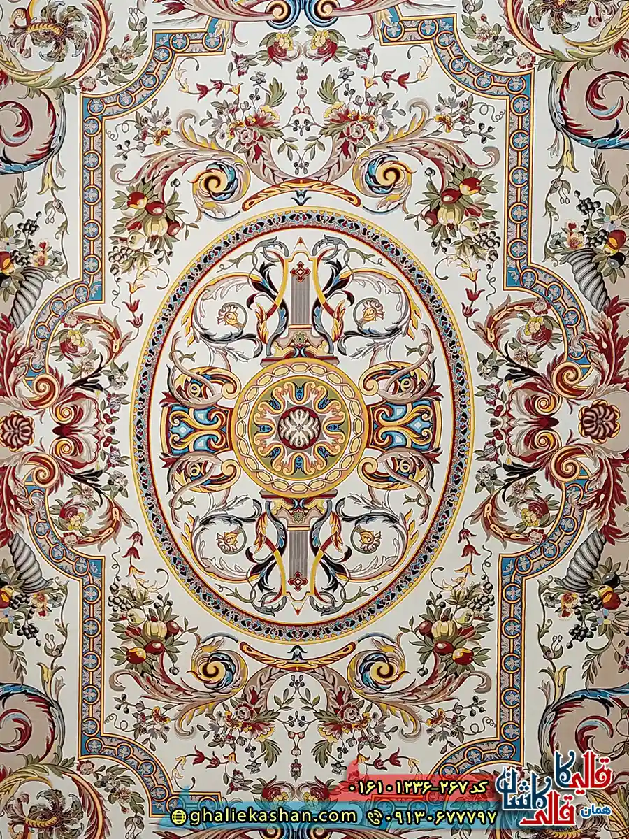 فرش 1200 شانه طرح یاقوت رنگ کرم بژ کاشان زمینه