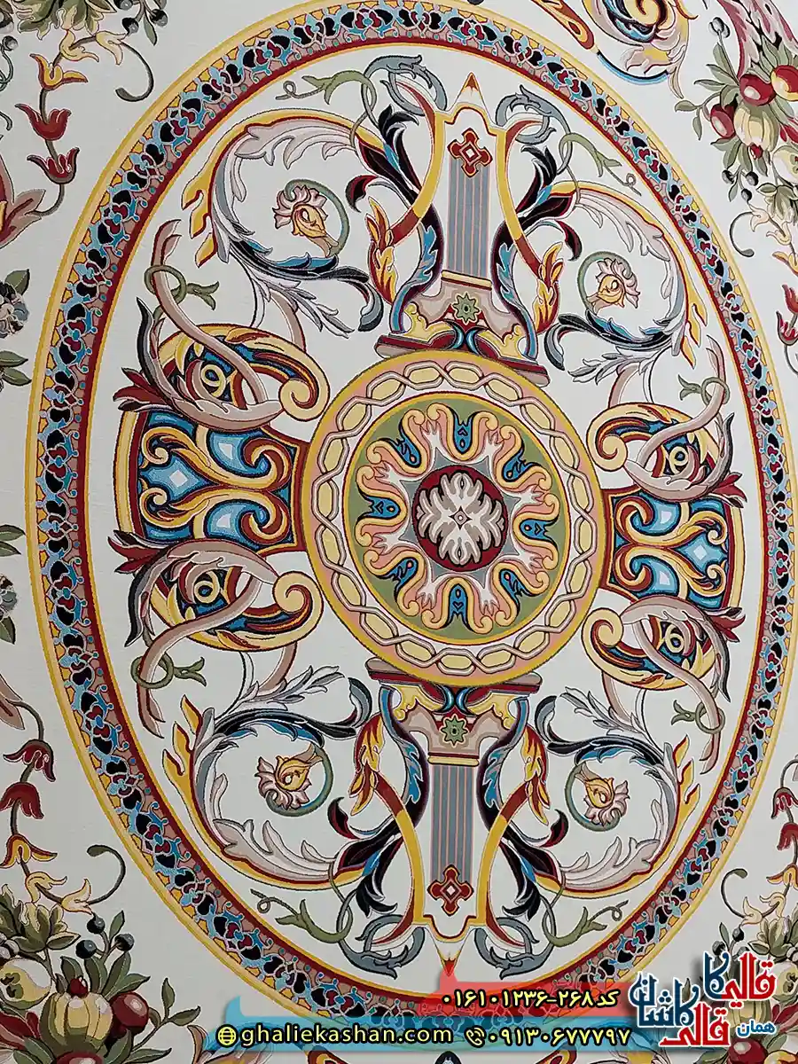 فرش 1200 شانه فرانسوی طرح یاقوت رنگ کرم لاکی کاشان زمینه