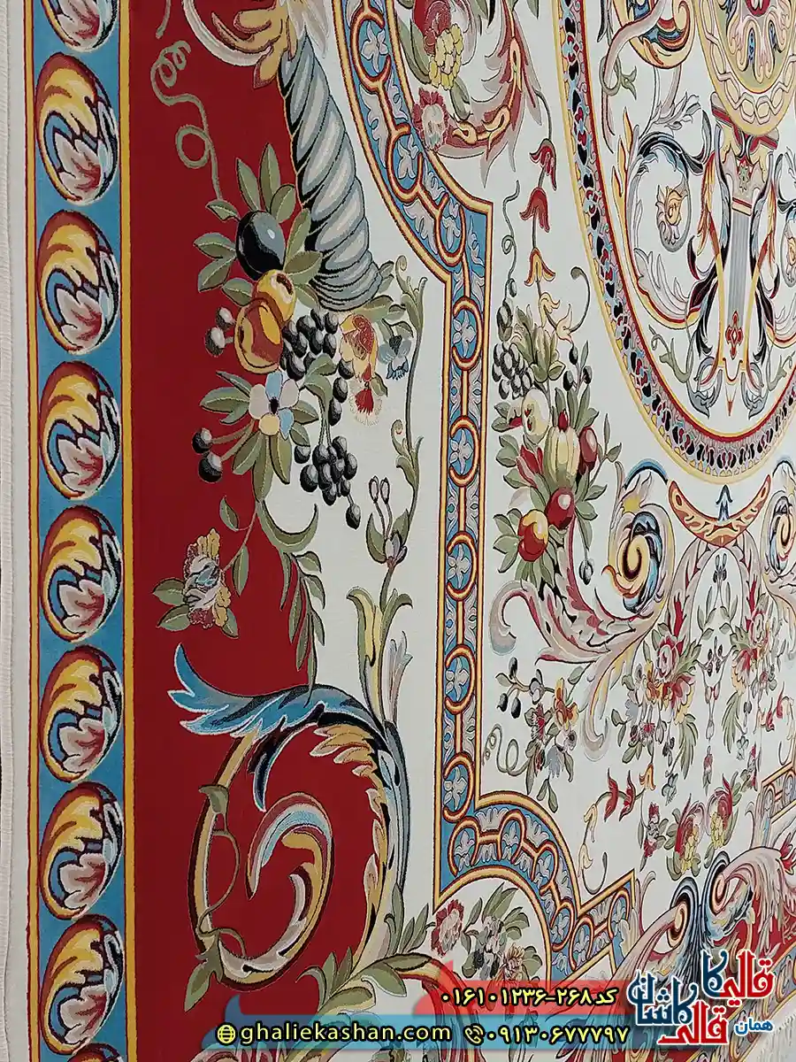 فرش 1200 شانه فرانسوی طرح یاقوت رنگ کرم لاکی کاشان نزدیک