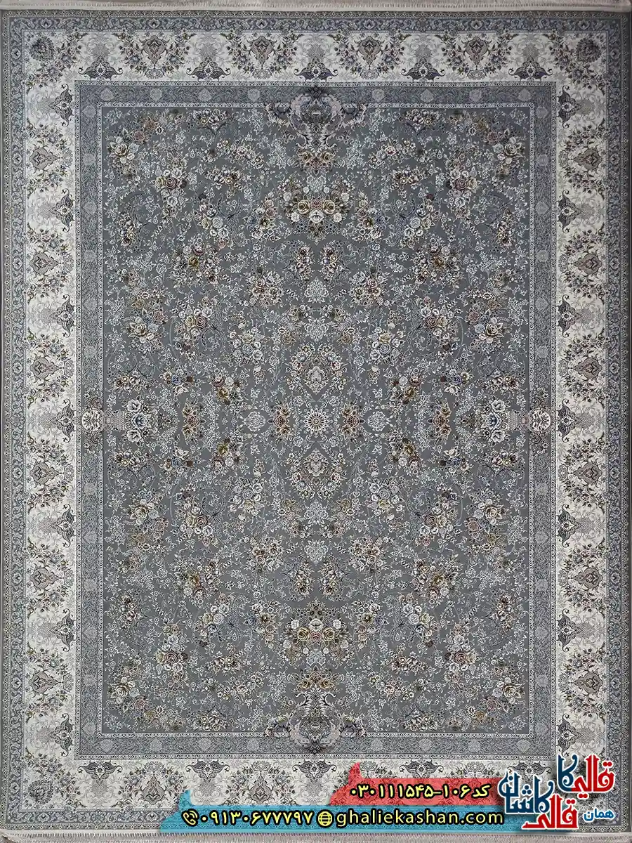 فرش 1500 شانه طرح افشان دلاریس رنگ طوسی گل برجسته کاشان اصلی