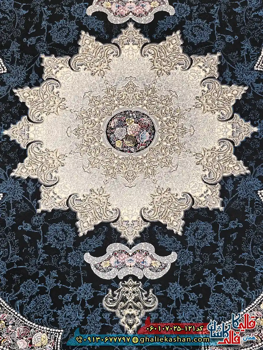 فرش 700 شانه طرح آروانا رنگ سرمه ای کاشان زمینه