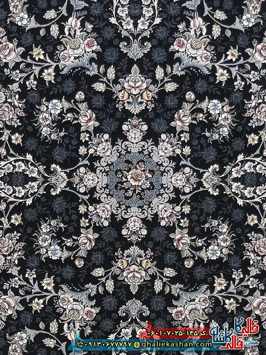 فرش 700 شانه طرح افشان آیناز رنگ سرمه ای کاشان زمینه