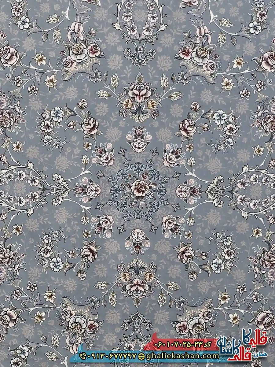 فرش 700 شانه طرح افشان آیناز رنگ طوسی نقره ای کاشان زمینه