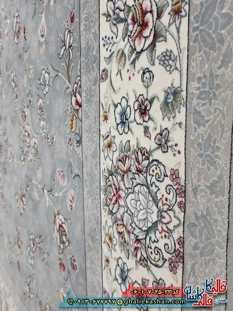 فرش 700 شانه طرح افشان آیناز رنگ طوسی نقره ای کاشان نزدیک