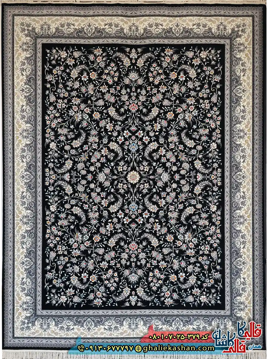 فرش ‌700 ‌شانه ‌طرح ‌افشان ‌اوستا ‌رنگ ‌سرمه ‌ای ‌کاشان ‌اصلی